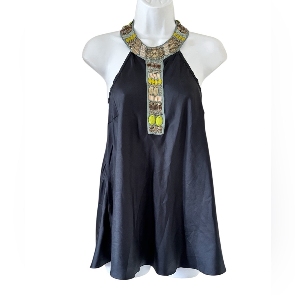 Chelsea Flower Silk Black Artsy Embellished Beaded Halter Sleeveless Tank Top S